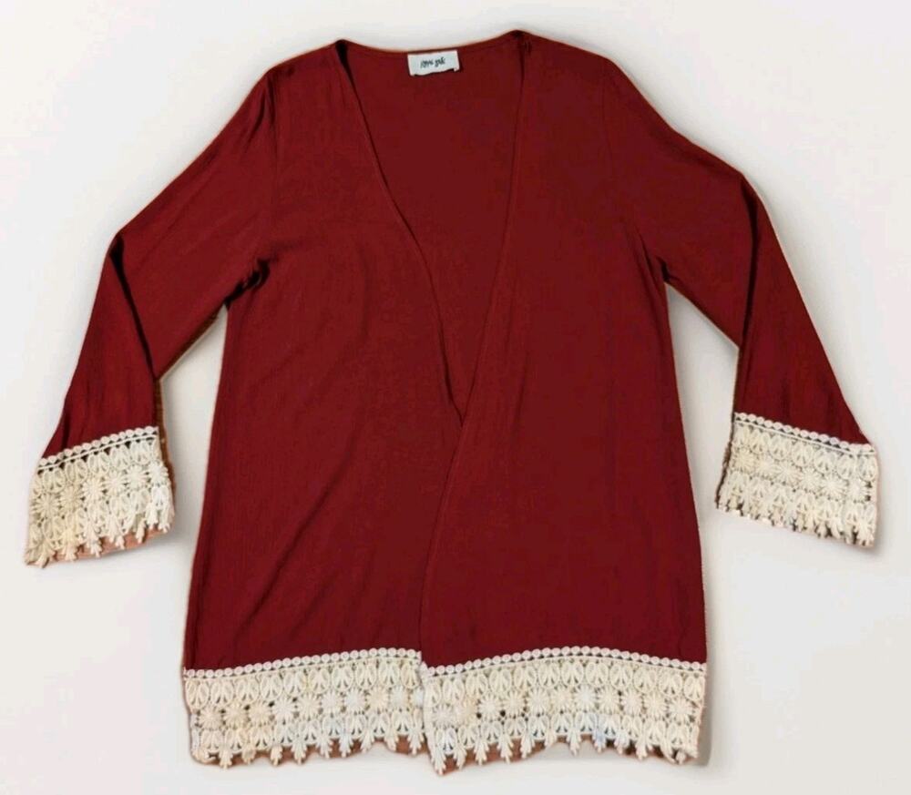 VTG Hippie Love Tunic Dress Womens L Burgundy Crochet Lace Boho Made USA Rayon